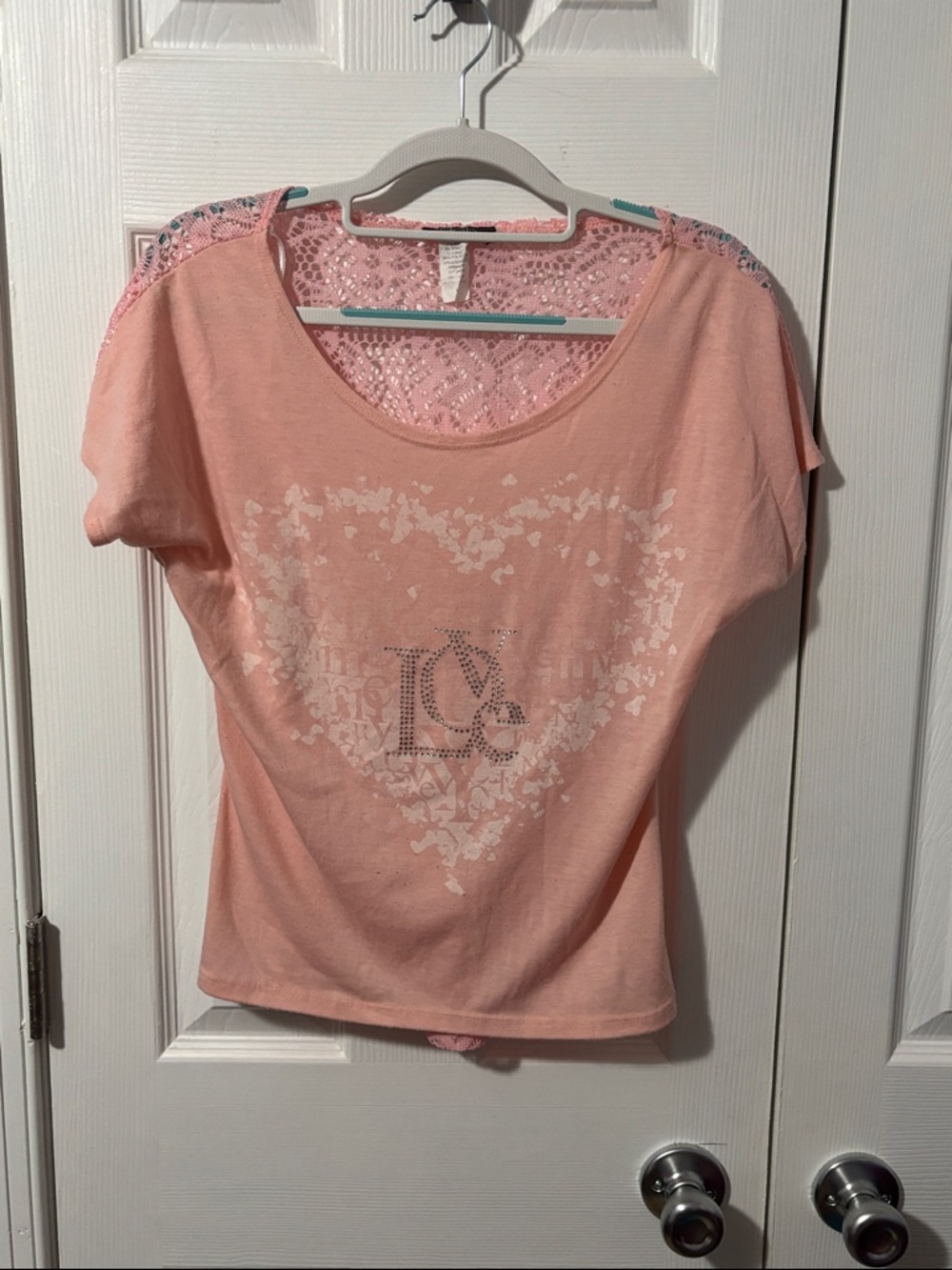 Rhinestone 'LOVE' Graphic Scoop Neck Top - Peach/light pink